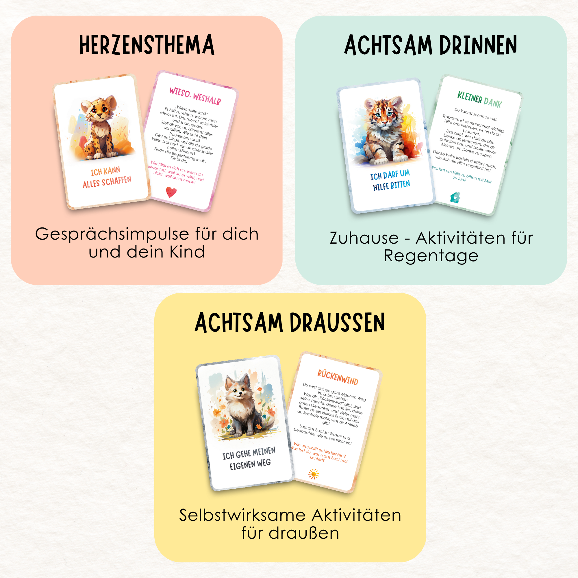 Affirmationskarten fuer Kinder mit Themenkarten zu Achtsamkeit drinnen und draussen sowie Herzthemen – mit Gesprächsimpulsen und Aktivitaeten zur Staerkung von Selbstwirksamkeit, Kommunikation und Dankbarkeit