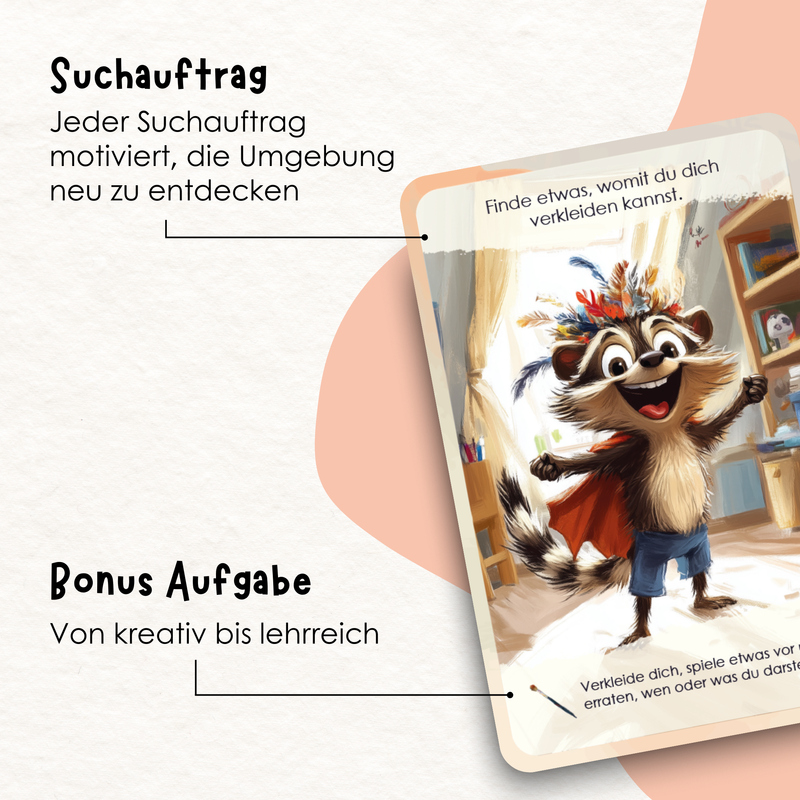 Rabano Kids Entdeckerkarten – Suchauftrag mit kreativen Aufgaben wie Verkleiden und Erkunden. Fördert die Entdeckerlust und Kreativität bei Kindern von 4-12 Jahren, ideal für spannende und lehrreiche Abenteuer zuhause.