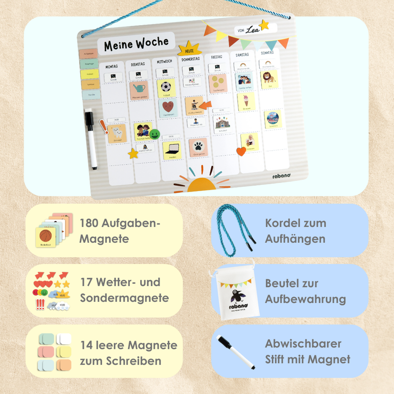 Rabano Kids Magnetischer Wochenplaner – 180 Aufgaben-Magnete, 17 Wetter- und Sondermagnete, 14 leere Magneten zum Beschriften, abwischbarer Stift, Aufhängungskordel und Aufbewahrungsbeutel – fördert Organisation und Planung bei Kindern.