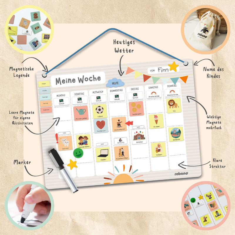 Rabano Kids Magnetischer Wochenplaner – interaktiver Planer für Kinder mit anpassbaren Magneten, fördert Zeitmanagement, Struktur und persönliche Aktivitäten, mit Marker und Wetteranzeige.