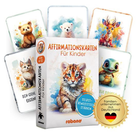 Affirmationskarten fuer Kinder mit tierischen Illustrationen zur Staerkung von Selbstbewusstsein und Selbstwert – liebevoll gestaltet, paedagogisch wertvoll, empfohlen fuer Kinder von 4–12 Jahren