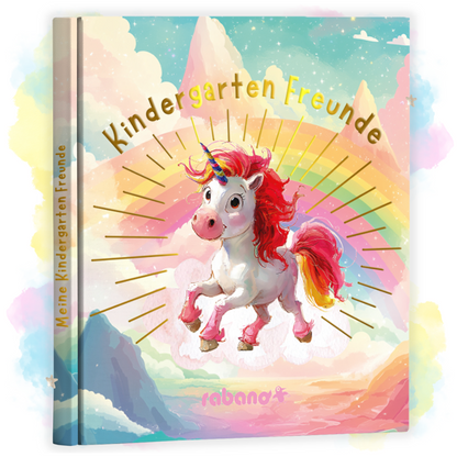 Kindergarten Freundebuch mit Einhorn auf Regenbogen-Cover – liebevoll gestaltetes Erinnerungsalbum fuer Maedchen von Rabano Kids mit goldener Schrift und pastellfarbenem Hintergrund