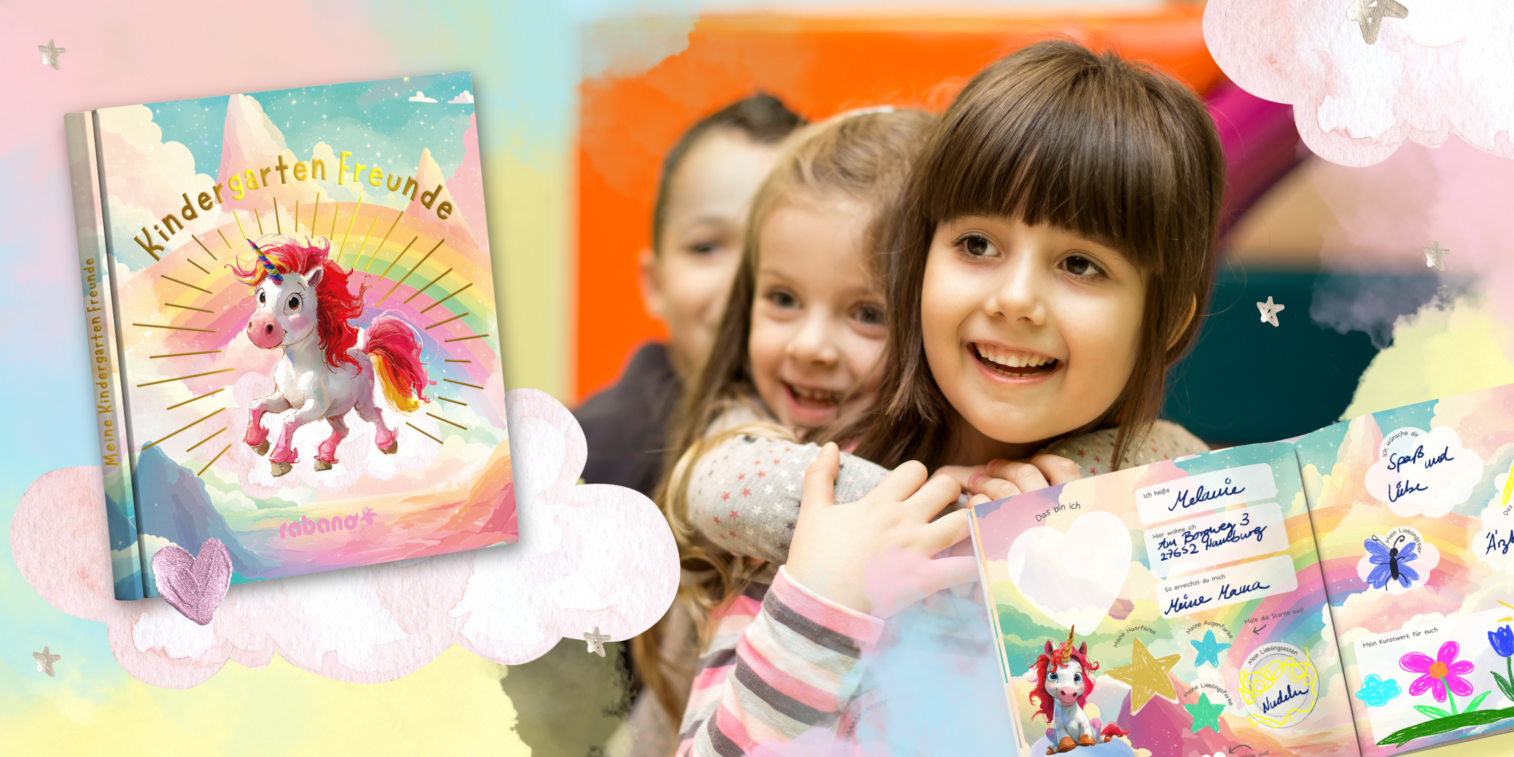 Einhorn Kindergarten Freundebuch von Rabano Kids mit Regenbogen-Cover – Maedchen lacht mit Freunden beim Ausfuellen der bunten Eintragseiten – Erinnerungsgeschenk fuer Kindergartenkinder
