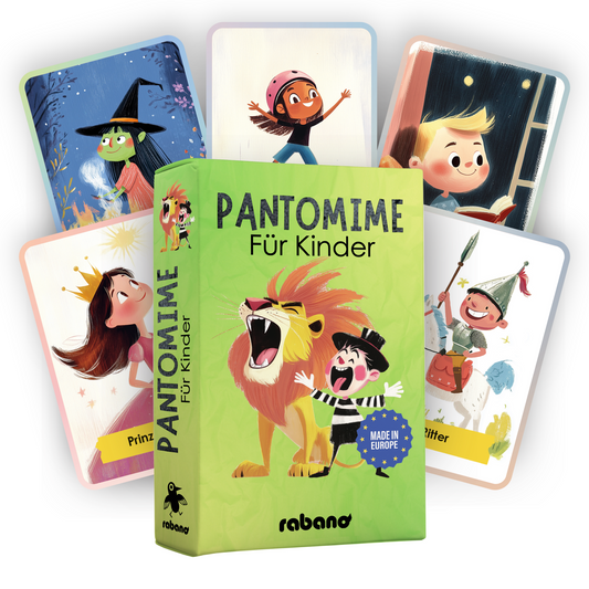 Pantomime Spiel fuer Kinder mit Tier- und Fantasie-Karten – Ratespiel von Rabano Kids mit Illustrationen wie Ritter, Hexe, Prinzessin und Loewen – lustiges Bewegungsspiel Made in Europe
