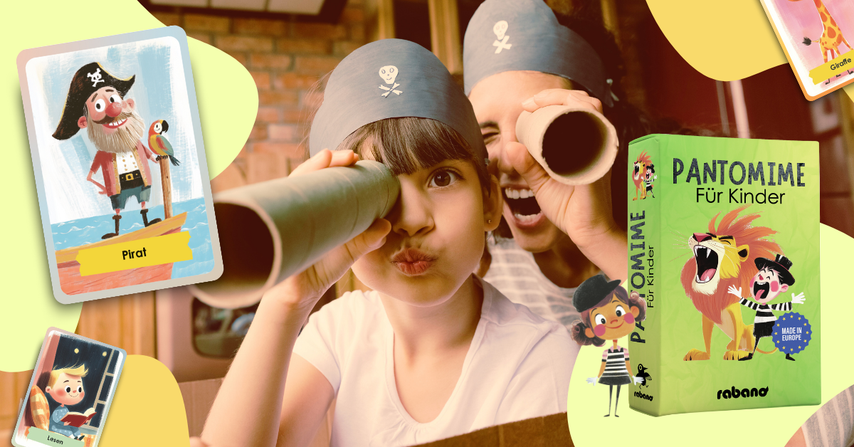 Kinder spielen Piraten mit Pantomime Karten von Rabano Kids – lustiges Bewegungsspiel mit Rollen wie Pirat, Loewe oder Giraffe – paedagogisch wertvolles Spiel ab 4 Jahren Made in Europe