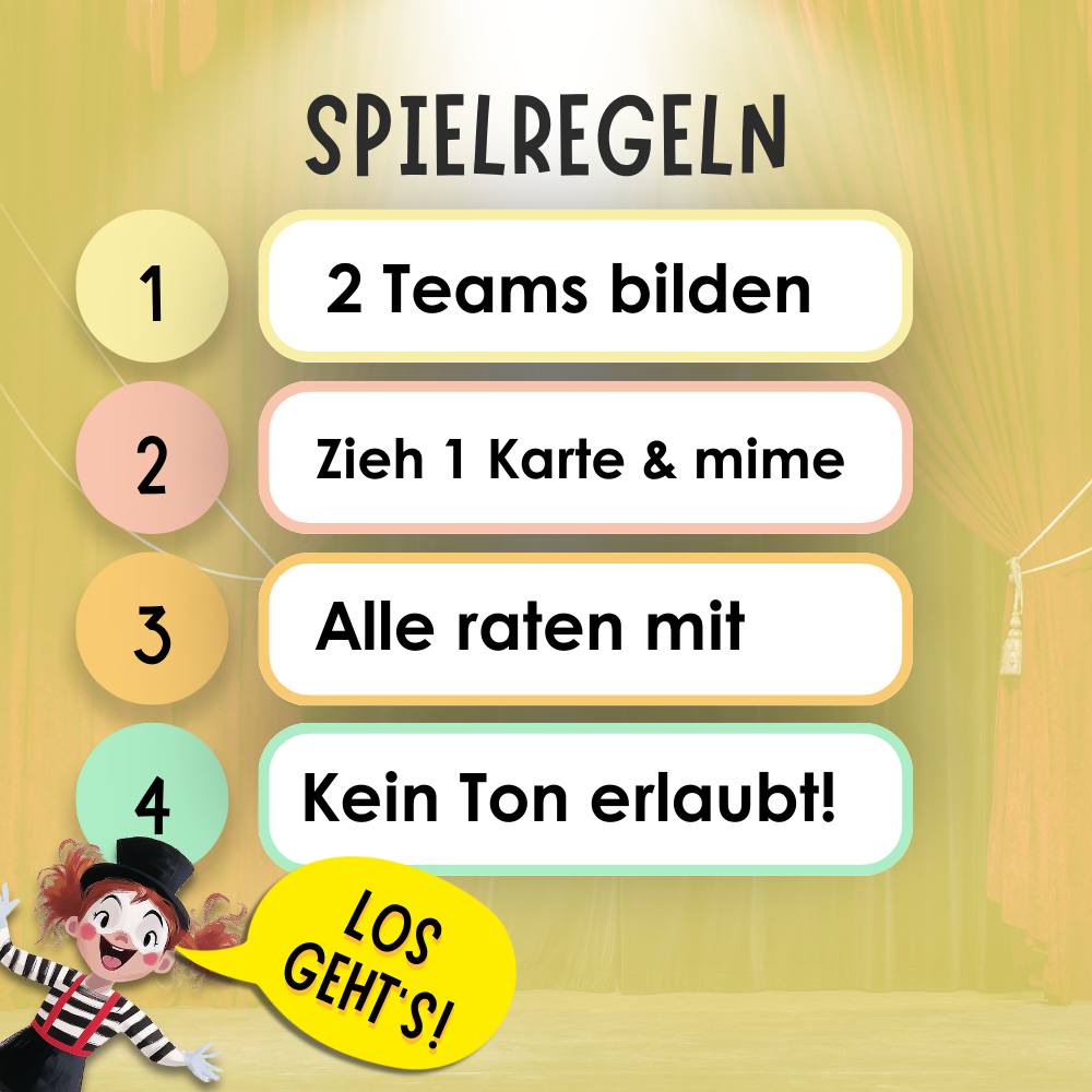 Spielregeln des Rabano Kids Pantomime Spiels fuer Kinder – in 4 einfachen Schritten erklaert: Teams bilden, Karte ziehen, mimisch darstellen, gemeinsam raten – kein Sprechen erlaubt