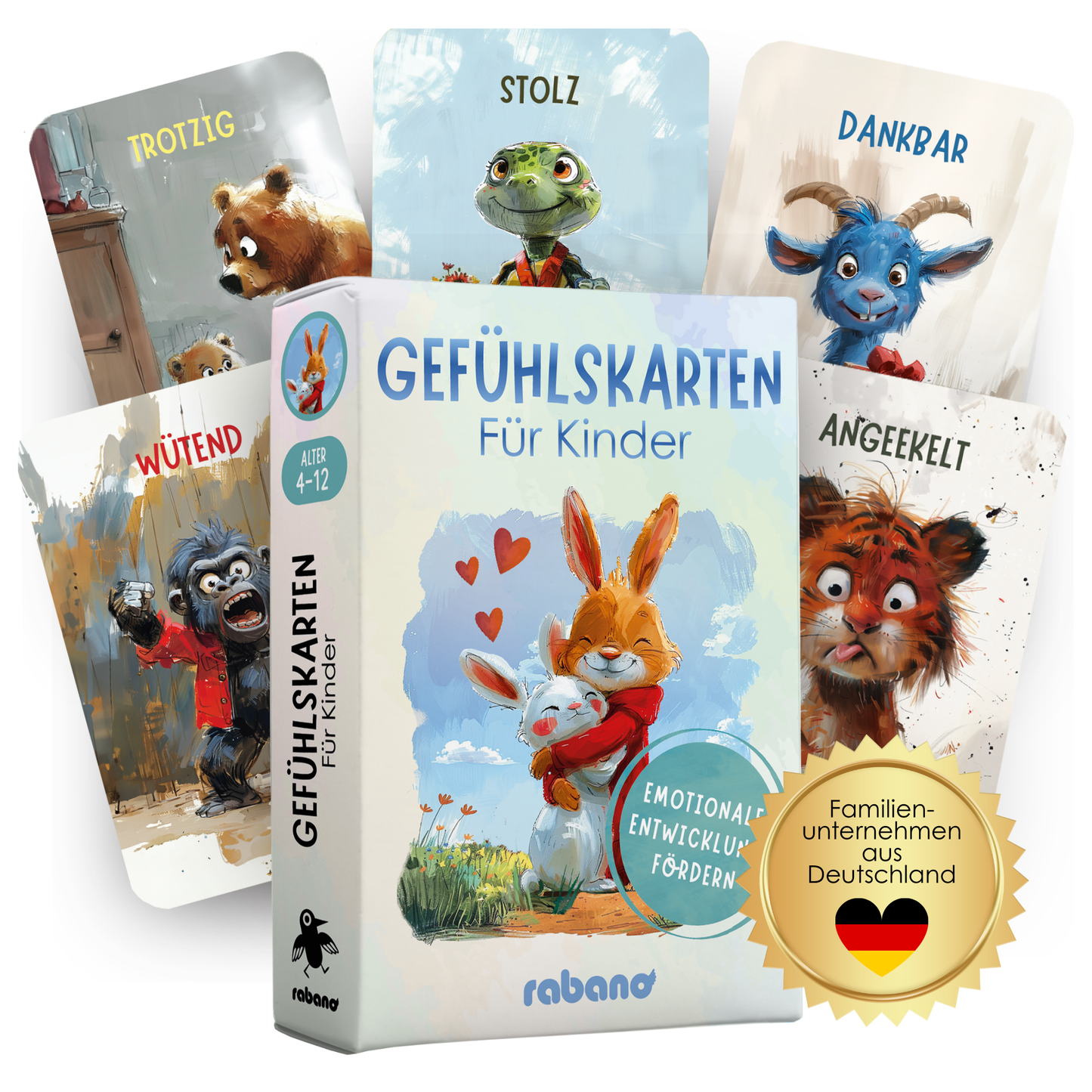 Rabano Gefühlskarten für Kinder – 50 Karten zur emotionalen Entwicklung mit Tierillustrationen. Karten für Kinder ab 4 Jahren, um Emotionen wie Wut, Stolz, Dankbarkeit und Ärger zu erkennen und zu benennen. Perfekt für die Förderung von Empathie und emotionaler Intelligenz, für den Gebrauch zuhause oder in der Schule.