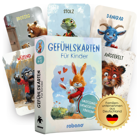 Rabano Gefühlskarten für Kinder – 50 Karten zur emotionalen Entwicklung mit Tierillustrationen. Karten für Kinder ab 4 Jahren, um Emotionen wie Wut, Stolz, Dankbarkeit und Ärger zu erkennen und zu benennen. Perfekt für die Förderung von Empathie und emotionaler Intelligenz, für den Gebrauch zuhause oder in der Schule.