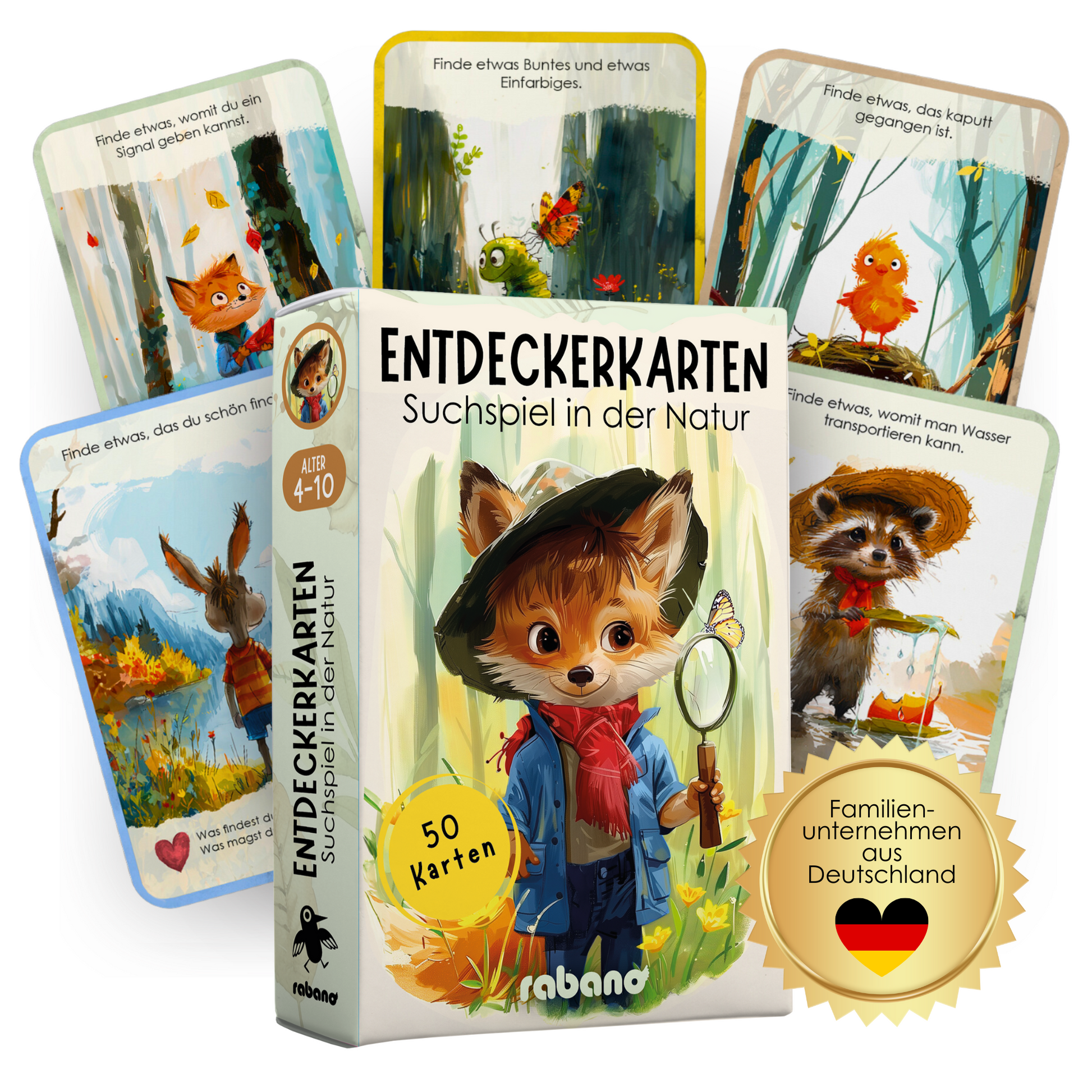 Rabano Kids Entdeckerkarten Suchspiel in der Natur – 50 kreative Karten für Kinder von 4-10 Jahren, fördert Naturentdeckungen und Neugier mit spannenden Aufgaben wie 'Finde etwas Buntes' und 'Finde etwas, das Wasser transportieren kann