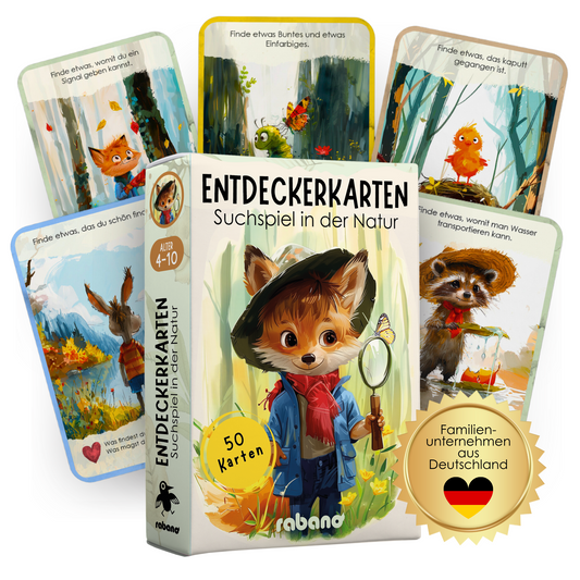 Rabano Kids Entdeckerkarten Suchspiel in der Natur – 50 kreative Karten für Kinder von 4-10 Jahren, fördert Naturentdeckungen und Neugier mit spannenden Aufgaben wie 'Finde etwas Buntes' und 'Finde etwas, das Wasser transportieren kann