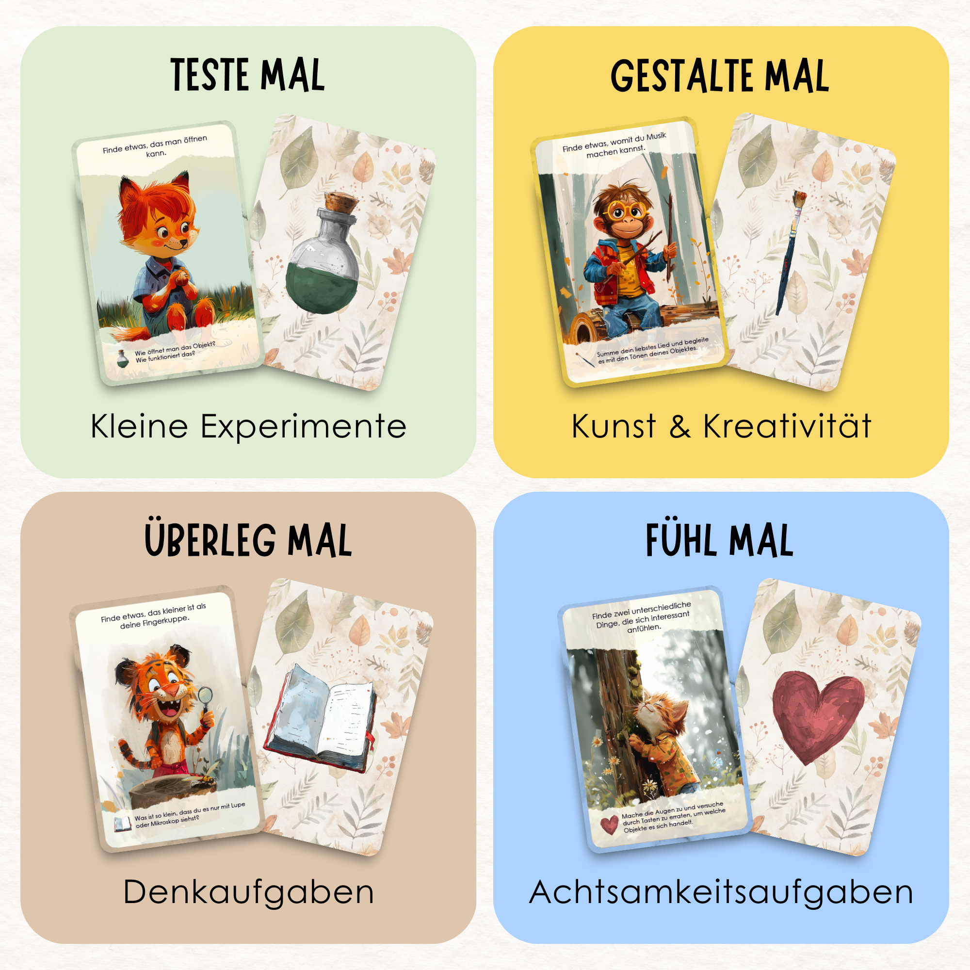 Rabano Kids Karten für Kreativität und Achtsamkeit – 4 Kategorien mit spannenden Aufgaben: kleine Experimente, Kunst & Kreativität, Denksportaufgaben und Achtsamkeitsübungen für Kinder von 4-12 Jahren
