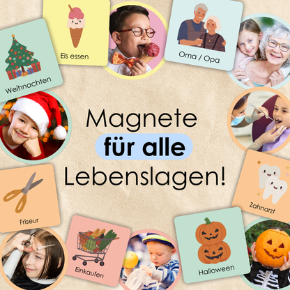 Rabano Kids – Magnetische Lernkarten für Kinder für alle Lebenslagen, mit Motiven wie Weihnachten, Zahnarzt, Halloween, Einkaufen und mehr, fördert Alltagskompetenzen und Spaß.