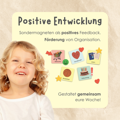 Rabano Kids Magnetische Lernkarten für positive Entwicklung – fördert Organisation und gibt positives Feedback durch Symbole wie Einkaufen, Familienzeit, Lesen, Basketball und Geburtstag.