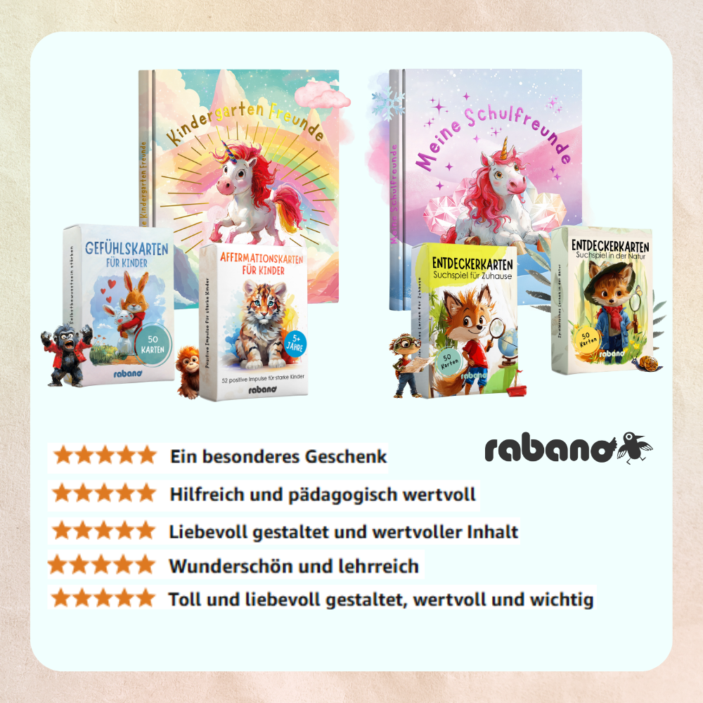 Rabano Kids – Lern- und Geschenkprodukte für Kinder: pädagogisch wertvolle Bücher und Karten wie 'Gefühlskarten für Kinder', 'Affirmationskarten für Kinder' und 'Entdeckerkarten', perfekt für die Förderung von Kreativität und Wissen, ideal als Geschenk.