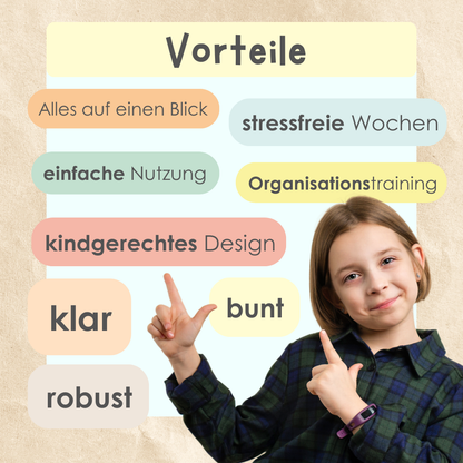 Rabano Kids Wochenplaner – Vorteile für Kinder: stressfreie Wochen, einfach zu nutzen, kindgerechtes Design, fördert Organisationstraining und klare Strukturierung, robust und bunt.