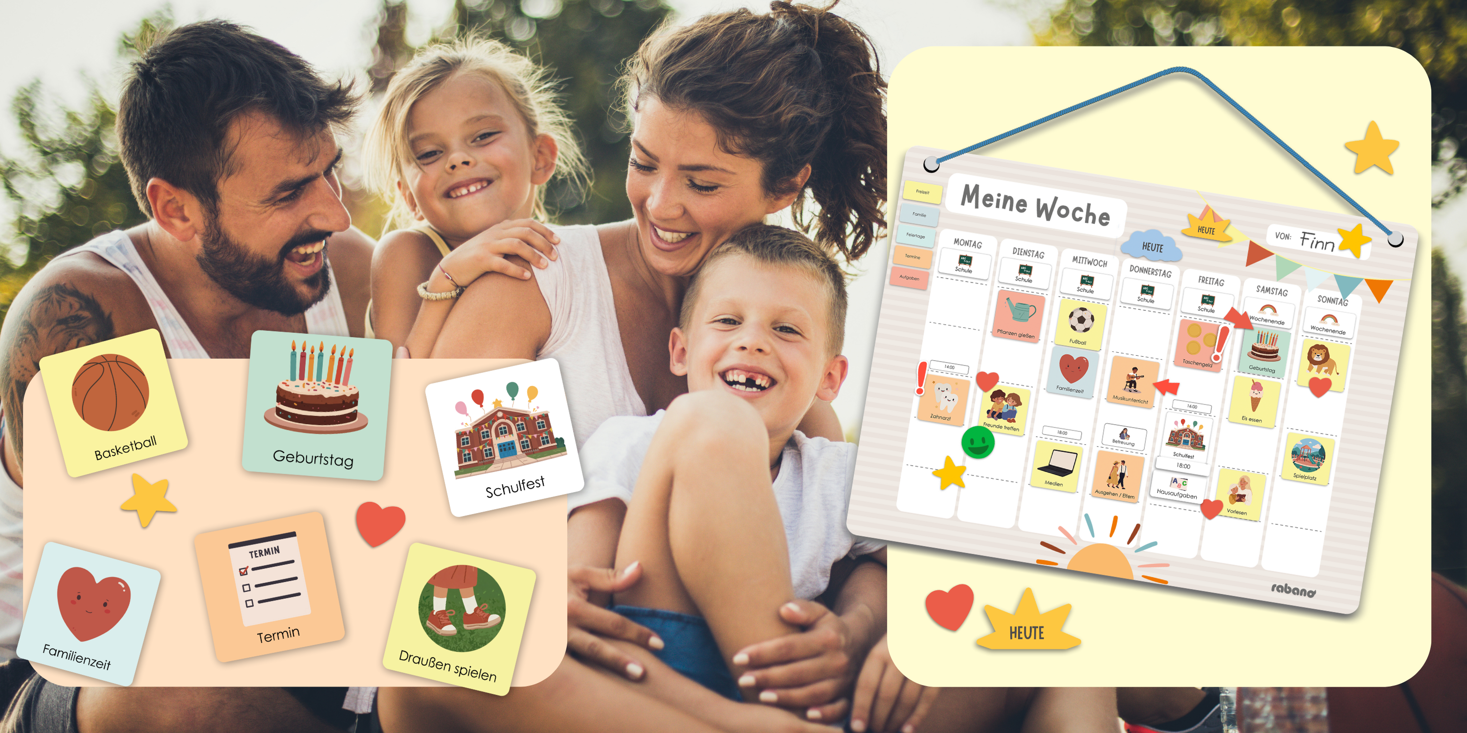 Familie mit Kindern lacht gemeinsam vor Wochenplaner – Rabano Kids Magnettafel fuer Kinder mit Symbolkarten fuer Termine, Geburtstag, Familienzeit und Schulveranstaltungen – visuelle Wochenplanung fuer Kinder ab 3 Jahren